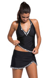 lovefery Contrast White Trim Black Halter Tankini Skort Swimsuit