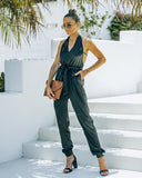 lovefery Vonn Pocketed Satin Halter Jumpsuit - Black