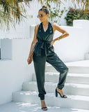 lovefery Vonn Pocketed Satin Halter Jumpsuit - Black