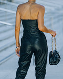 Lovefery Vivienne Pocketed Strapless Faux Leather Jumpsuit - Black