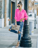 To The Fullest Split Neck Blouse - Hot Pink