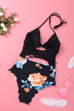 lovefery Black Floral Print Halter Cut Out One-piece Swimsuit