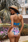 lovefery Blue Orange Floral Print Halter One-piece Swimsuit