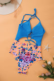 lovefery Blue Orange Floral Print Halter One-piece Swimsuit