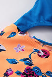 lovefery Blue Orange Floral Print Halter One-piece Swimsuit