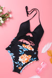 lovefery Black Floral Print Halter Cut Out One-piece Swimsuit