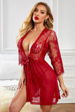 Lovefery Red Lace Mesh Robe with Thong