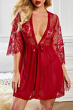 Lovefery Red Lace Mesh Robe with Thong