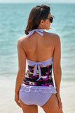 Lovefery Cute Purple Floral Open Back Ruched Halter Top Shorts Tankini Set