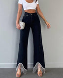 lovefery High-Waisted Straight Leg Tassel-Trimmed Hem Jeans