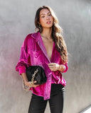 Zamora Pocketed Velvet Button Down Top - Fuchsia