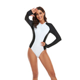 White Color Block Long Sleeve Zip Front Sport Rash Guard One-piece Swimsuit