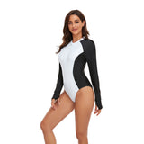 White Color Block Long Sleeve Zip Front Sport Rash Guard One-piece Swimsuit