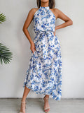 lovefery Sure Thing Floral Chiffon Halter Maxi Dress - Blue