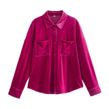 Zamora Pocketed Velvet Button Down Top - Fuchsia