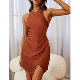 Solid Split Joint O Neck Irregular Dresses