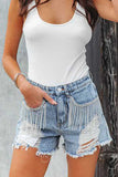 lovefery Fringed Chain Denim Cutout Shorts