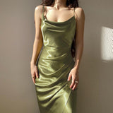 Lovefery Turn Of Events Satin Midi Slip Dress - Olive