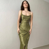 Lovefery Turn Of Events Satin Midi Slip Dress - Olive