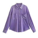 Zamora Pocketed Velvet Button Down Top - Fuchsia