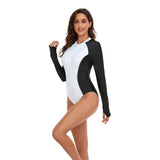 White Color Block Long Sleeve Zip Front Sport Rash Guard One-piece Swimsuit