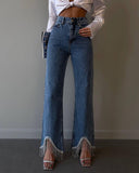 lovefery High-Waisted Straight Leg Tassel-Trimmed Hem Jeans