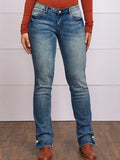 lovefery Button Side Split Embroidery Patch Pocket Bootcut Jeans