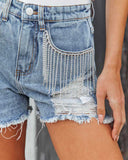 lovefery Fringed Chain Denim Cutout Shorts