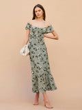 Lovefery Vintage Ditsy-floral Square Collar Maxi Dress