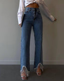 lovefery High-Waisted Straight Leg Tassel-Trimmed Hem Jeans