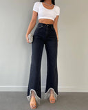 lovefery High-Waisted Straight Leg Tassel-Trimmed Hem Jeans