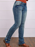 lovefery Button Side Split Embroidery Patch Pocket Bootcut Jeans