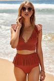 Lovefery Red Open Back Ruched Halter Top Peplum Shorts Tankini Set