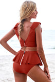 Lovefery Red Open Back Ruched Halter Top Peplum Shorts Tankini Set