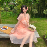 Lovefery Peach Blush Kawaii Princess Chiffon Dress