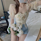 Lovefery Petal Sea Flower Embroidered Chiffon Crop Top