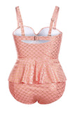 lovefery Pink Halter Neck Plus Size Peplum Tankini