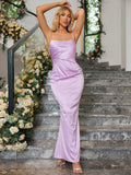 Lovefery Joelle Satin Ruched Dress with Rhinestones