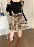 Lovefery Plaid Pleated Dark Academia Mini Skirt with Belt