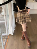 Lovefery Plaid Pleated Dark Academia Mini Skirt with Belt