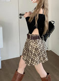 Lovefery Plaid Pleated Dark Academia Mini Skirt with Belt