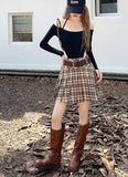 Lovefery Plaid Pleated Dark Academia Mini Skirt with Belt