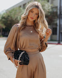 Tamra Satin Crop Drawstring Blouse - Camel