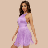 lovefery Mauve Halter Fringed Backless Dress with Tassels