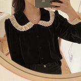 Lovefery Velvet & Lace Peter Pan Collar Blouse