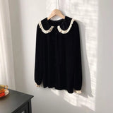 Lovefery Velvet & Lace Peter Pan Collar Blouse