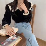 Lovefery Velvet & Lace Peter Pan Collar Blouse