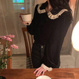 Lovefery Velvet & Lace Peter Pan Collar Blouse