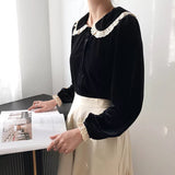 Lovefery Velvet & Lace Peter Pan Collar Blouse