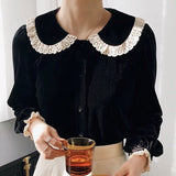 Lovefery Velvet & Lace Peter Pan Collar Blouse